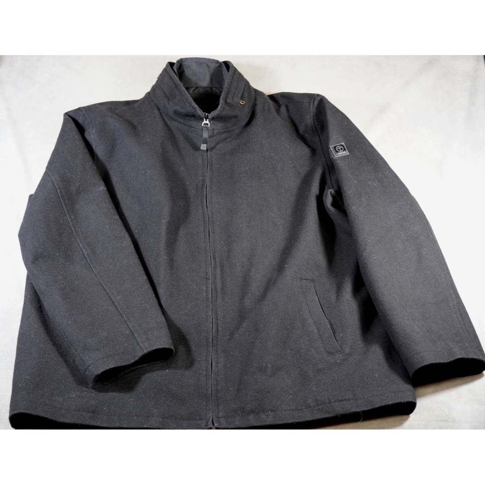 TUMI T-Tech Men's Black Wool Blend Zip-Up Car Coat Jacket  XXL Zip Hood, Lapel
